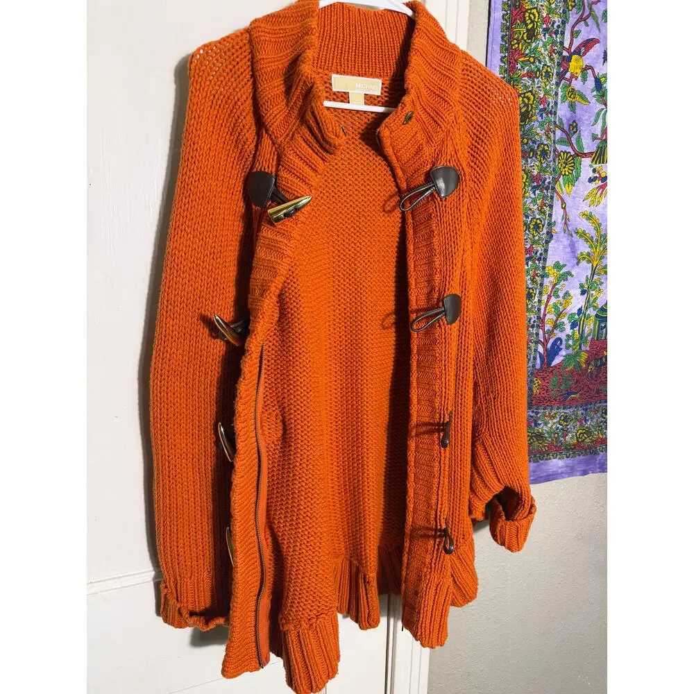 Michael Kors Orange Poncho Cardigan Batwing Toggle Chunky Knit Sweater Cape - L